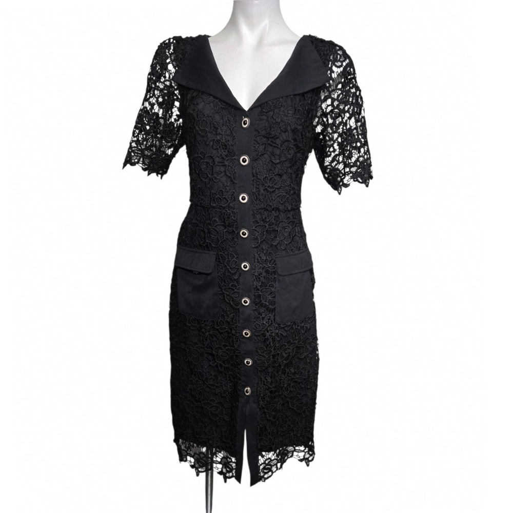 Nanette Lepore Dress M Black crochet Button Sheath fall Audrey Hepburn style - Picture 2 of 6